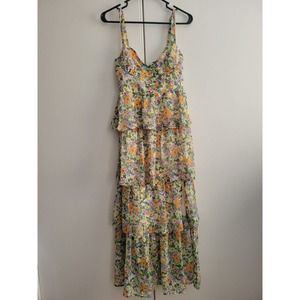 ASTR The Label Women's Flutter Strap Floral Tiered Maxi Dress in Green/Orange